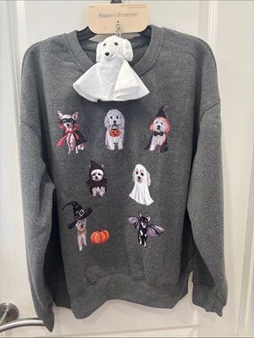 NWT Since Forever Gray Halloween Dog Graphic Sweatshirt & Keychain/bag charm-L